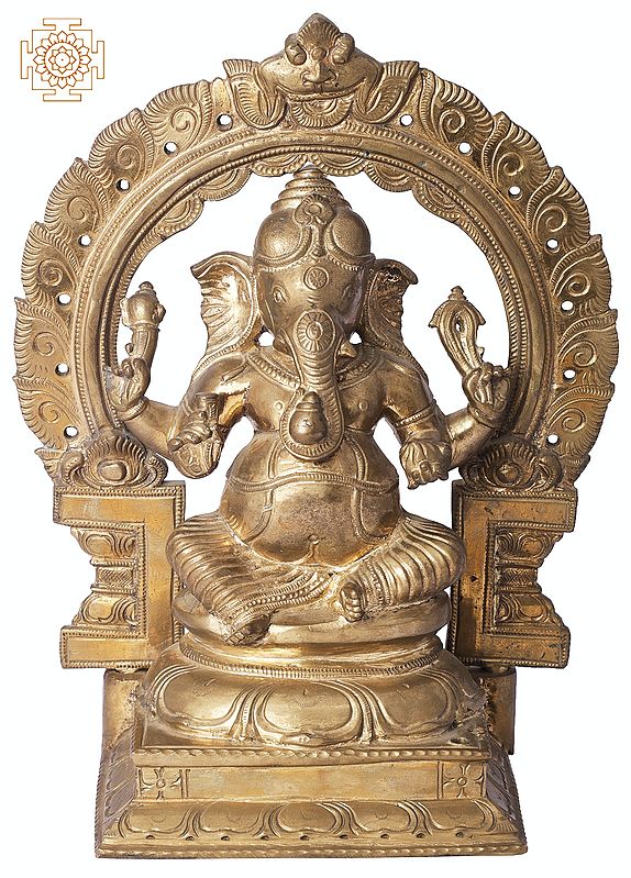 9" Sitting Bhagawan Ganesha with Arch | Handmade | Madhuchista Vidhana (Lost-Wax) | Panchaloha Bronze from Swamimalai
