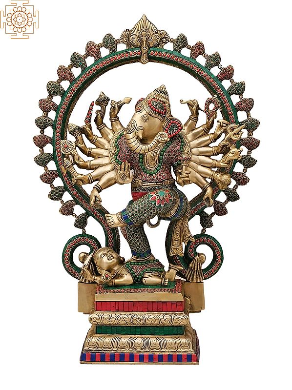 26" Dancing Ganesha with Kirtimukha Prabhavali (Inlay Work) In Brass | Handmade | Made In India