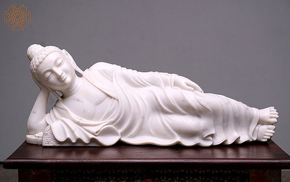 30" White Marble Sleeping Buddha | Handmade | Reclining Buddha Sculpture | Home Decoration