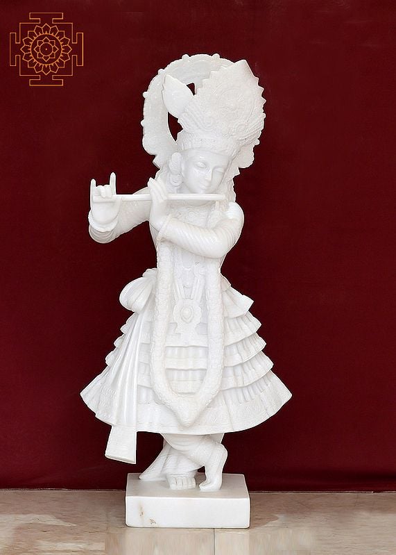 44" Large Very beautiful and Genuine White Marble Krishna Statue | Handmade Krishna Murti With Flute