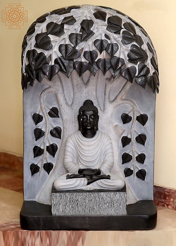 36" Large Marble Buddha Under The Bodhi Tree | Handmade Meditating Buddha Statue | Hand Carved Marble Buddha Sculpture