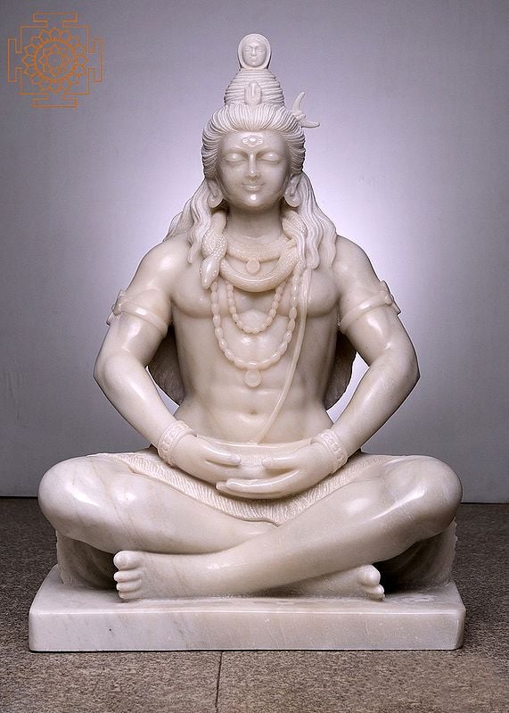 36" Large Size Mahayogi Shiva in Pranayama | Handmade | White Marble Mahayogi Shiva