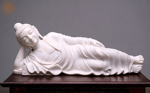 24" White Sleeping Buddha Statue | Handmade | Reclining Buddha Sculpture | Home Decoration