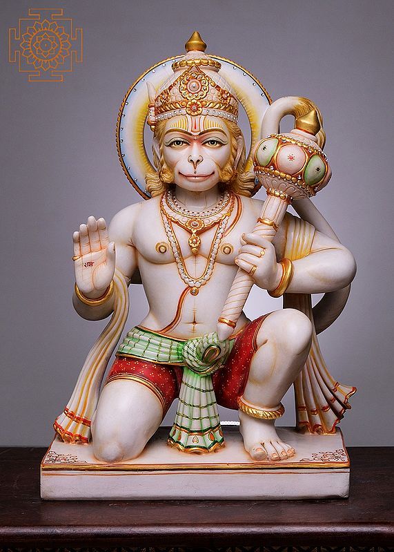 24" Hanuman Statue | Handmade | White Marble Hanuman | Lord Hanuman | God of Strength | Sitting Hanuman | Meditating Hanuman | Devotee of Lord Rama