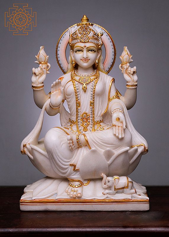21" Goddess Lakshmi Seated on Lotus | Handmade | White Marble Lakshmi Seated on Lotus | Hindu Goddess of Wealth Goddess Laxmi Sitting on Lotus Laxmi Sculpture Indian Home Decor