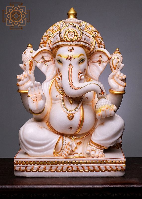 21" Sitting Lord Ganesha | Handmade | White Marble Sitting Lord Ganesha | Ganesha Statue | Ganesh Idols For Home