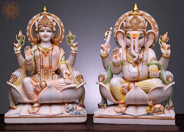 24" Lord Ganesha Goddess Lakshmi Statue | Handmade | White Marble Statue | Ganesh Lakshmi On Lotus Idol | Vinayak Padma Deity