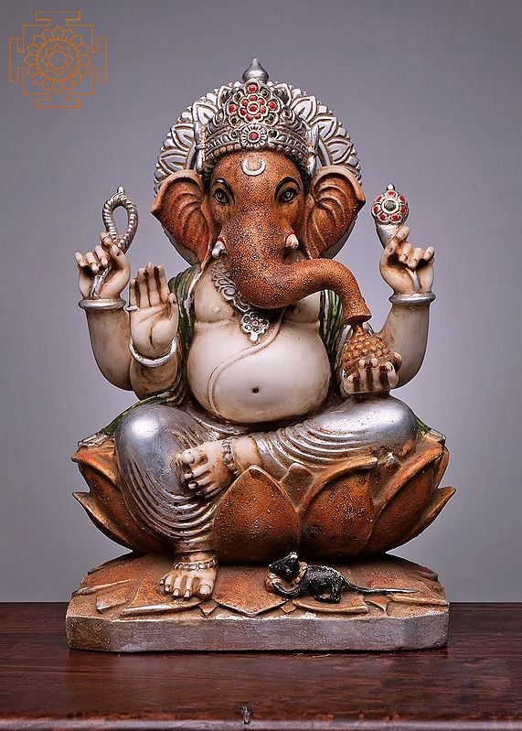 21" Lord Ganesha Seated on Lotus | Handmade Ganpati Sculpture | Marble Ganesh Statue | Mahaganpati Statue | Elephant God Statue