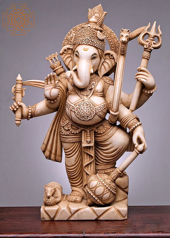 30" Lord Ganesha Rakshak | Handmade | White Marble Ganesha | Ganesha Idol | Ganpati Statue
