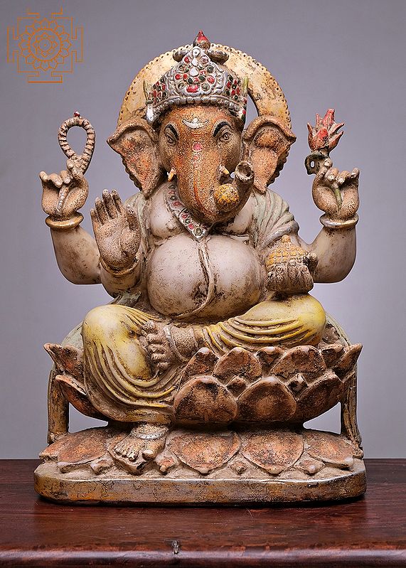 20" Lord Ganesha Seated on Lotus | Handmade | Marble Ganesha Statue | Ganpati Statue | Vinayak Padma Deity