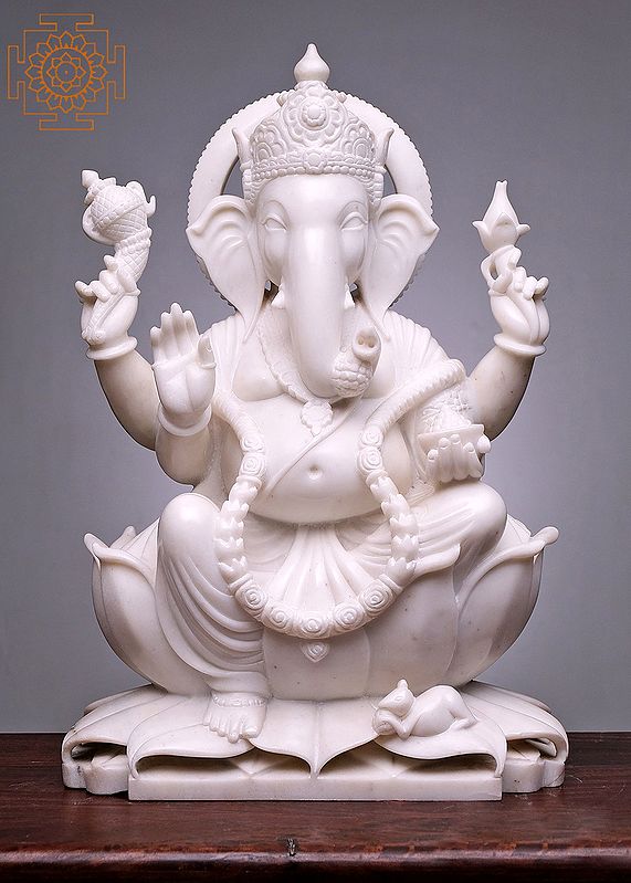 24" Lord Ganesha Seated on Lotus | Handmade | White Marble Ganesha Statue | Ganpati Statue | Vinayak Padma Deity