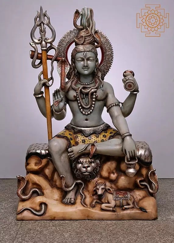 36" Large Lord Shiva Idol Seated on Rock | Handmade Marble Statue
