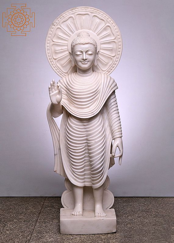 40" Large Tibetan Buddhist Standing Lord Buddha | Handmade | Marble Buddha Statue | Blessing Standing Buddha