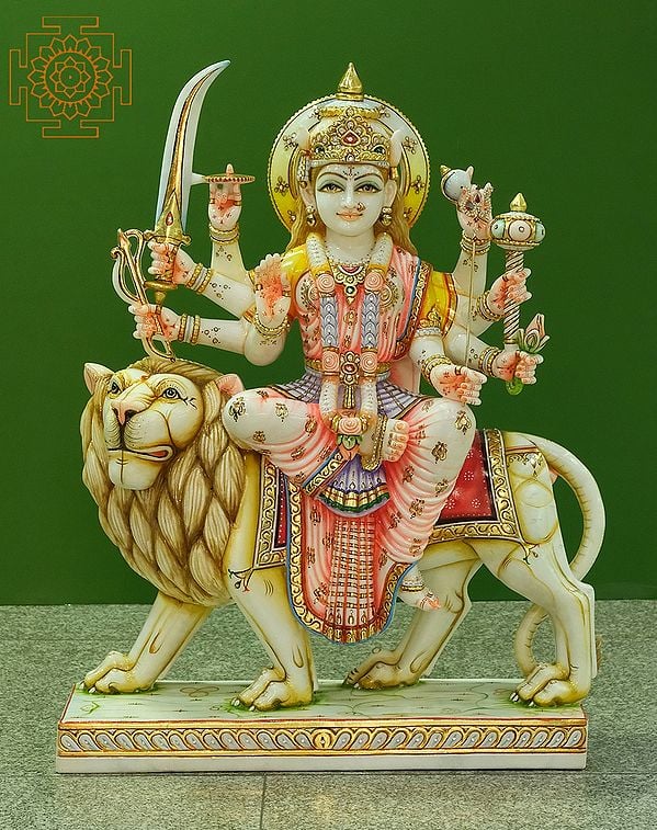 36" Large Ashtabhuja Goddess Durga | Handmade | Marble Durga Maa Statue | Marble Durga Murti | Goddess Durga Idol Sitting on Lion