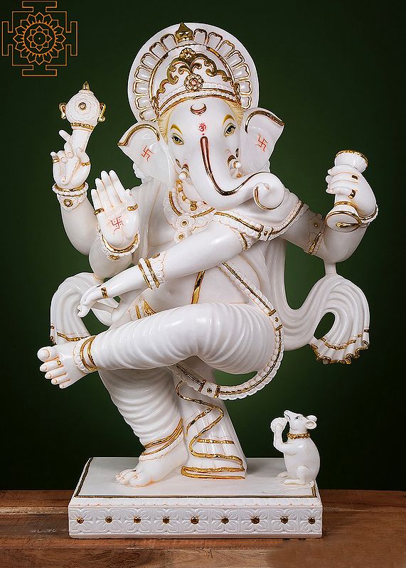 36" Large Dancing Ganesha | Handmade | White Marble Ganesha | Ganpati Statue