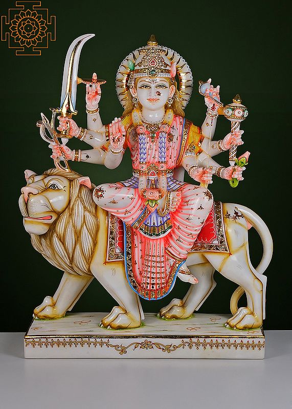 30" Ashtabhuja Goddess Durga | Handmade | Marble Durga Maa Statue | Marble Durga Murti | Goddess Durga Idol Sitting on Lion