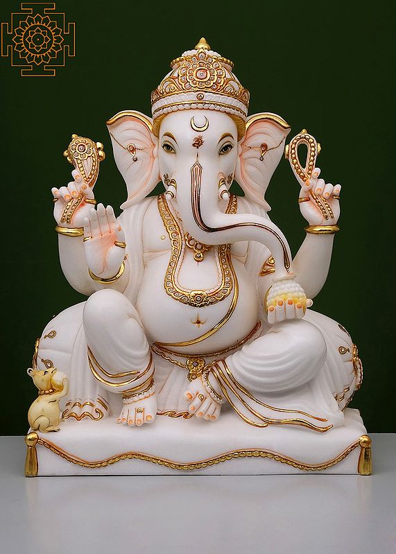 27" Sitting Bhagawan Ganesha | Handmade | White Marble Ganesha | Ganpati Statue | Elephant God statue