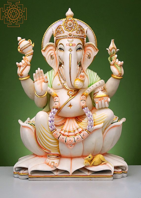 21" Lord Ganesha Seated on Lotus | Handmade | White Marble Ganesh Statue | Mahaganpati Statue