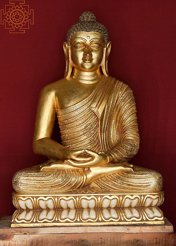 48" Large Golden Buddha Sitting on Pedestal | Handmade | Marble Buddha Statue | Buddha Home Decorative Buddha Statue | Buddha Statue