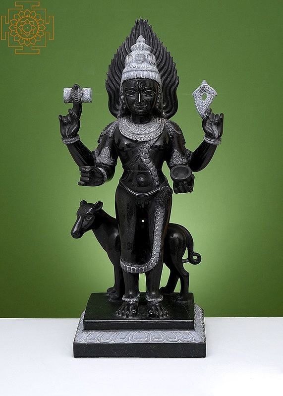 24" Black Bhairava Statue | Handmade | Black Marble Bhairava | Marble Bhairava Statue | Standing Lord Kala Bhairava With Dog Vehicle (Vahana) For Your Outdoor Decor