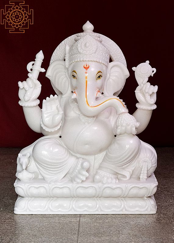 30" Lord Ganesha Statue | Handmade | White Marble Ganesha | Cultured Marble Lord Ganesha Idol | Vinayak | Ganpati
