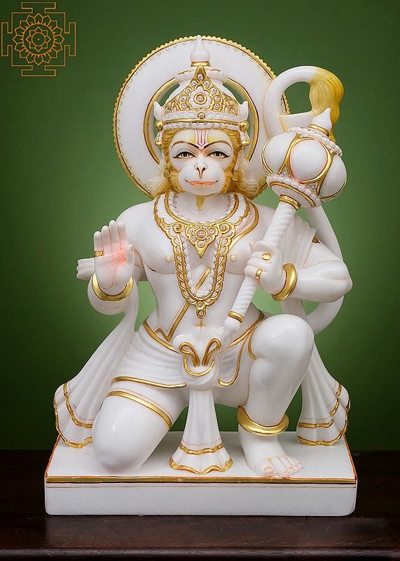 24" Ashirwad Anjaneya (Hanuman Ji) | Handmade | White Marble Hanuman Statue | Hanuman Statue Home Decor | Monkey God