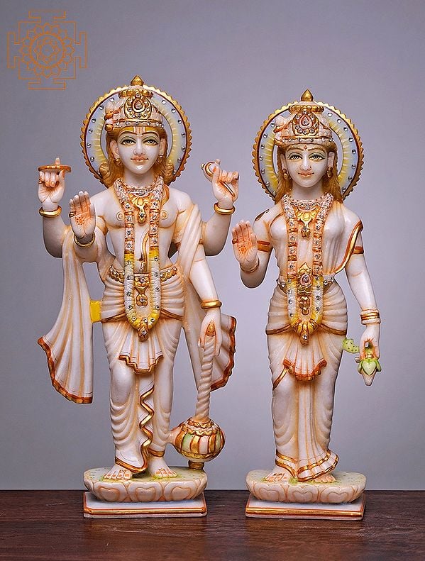 15" Lord Bhagwan Vishnu and Lakshmi Statue | Handmade | White Marble Vishnu and Lakshmi Statue | Lakshmi Narayan Statue