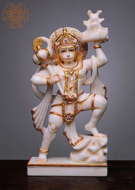 12" Hanuman Ji Lifting Sanjeevani Booti Mountain | Handmade | White Marble Hanuman Ji Statue | Veer Hanuman