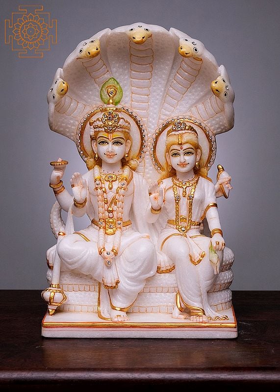 15" Vishnu and Lakshmi Seated on Sheshnag | Handmade | White Marble Vishnu Lakshmi Statue | Narayan Lakshmi Idol