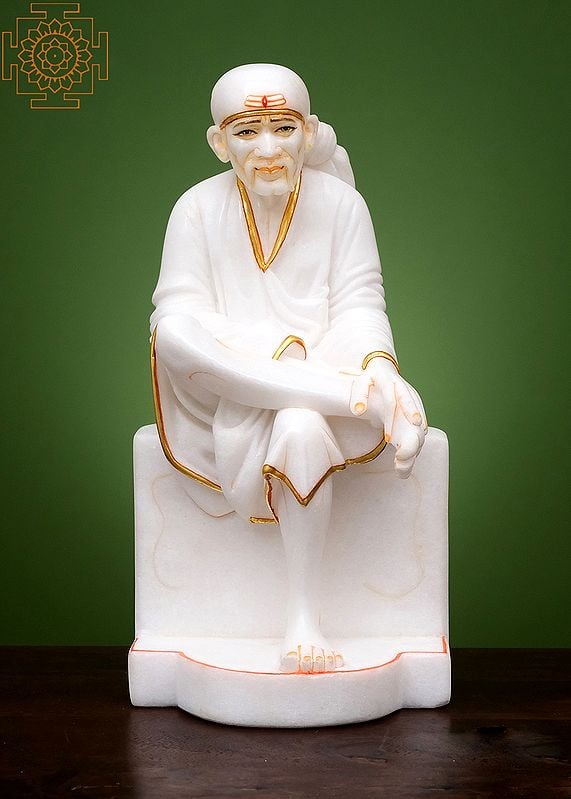 15" Shirdi Sai Baba Sitting Statue | Handmade | White Marble Shirdi Sai Baba | Shirdi Sai Baba Moorti