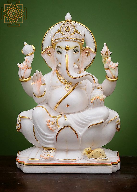 18" Lord Ganesha Seated on Lotus | Handmade | White Marble Ganesh Statue | Ganpati Statue | Ganesh Sculpture
