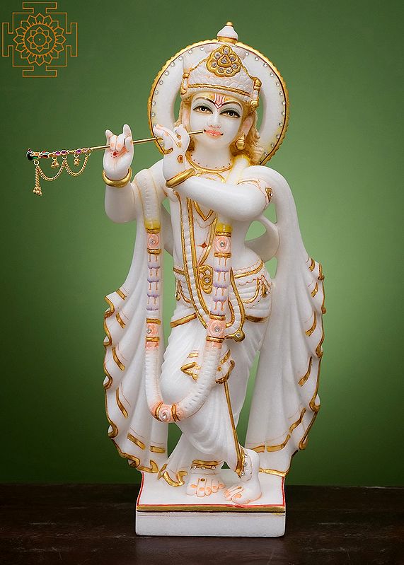 18" Lord Krishna With Basuri | Handmade | White Marble Krishna | Lord Gopal | Hare Krishna