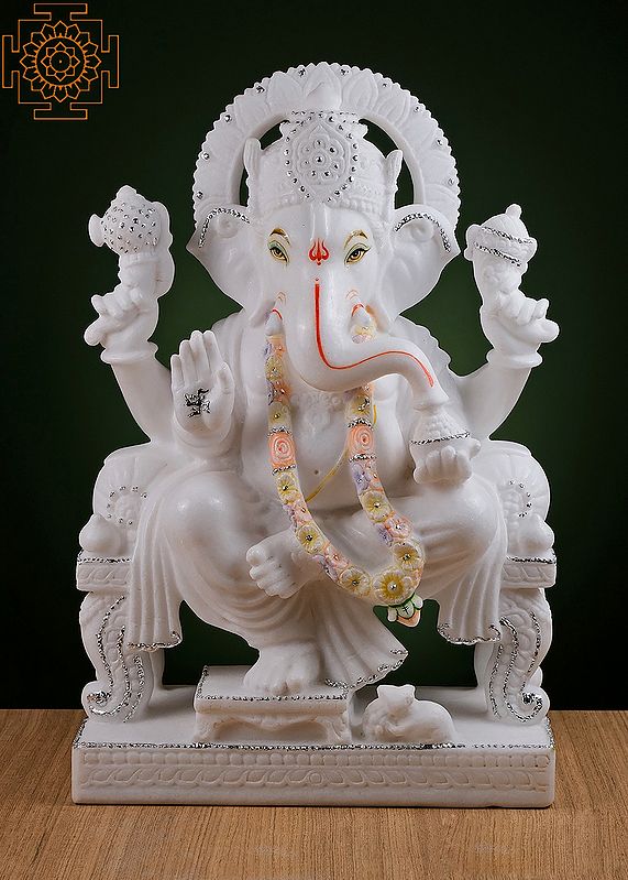 18" Lord Ganesha Statue | Handmade | White Marble Ganesha Statue | Vinayak | Ganapati | Hindu Elephant God of Good Luck