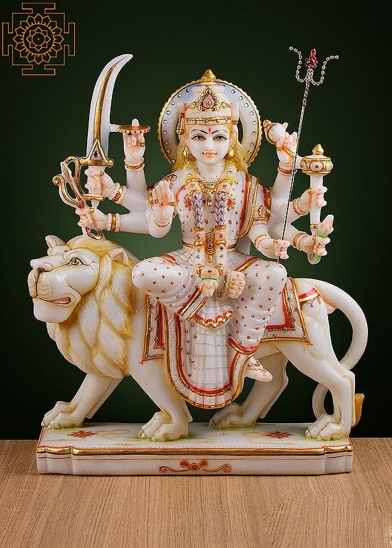 15" Ashtabhuja Goddess Durga | Handmade | Marble Durga Maa Statue | Marble Durga Murti | Goddess Durga Idol Sitting on Lion | Ambe Maa Murti