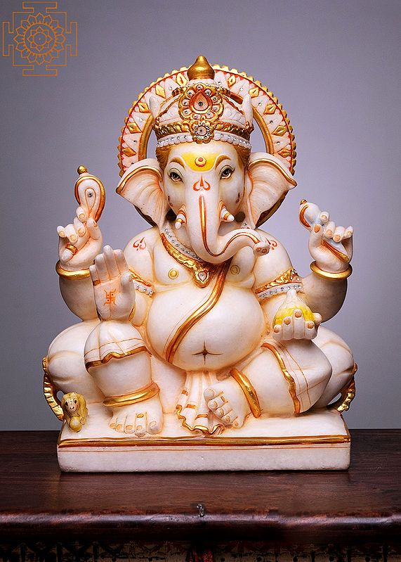 18" Sitting Lord Ganesha | Handmade | White Marble Sitting Lord Ganesha | Ganesha Statue | Vinayak | Ganpati