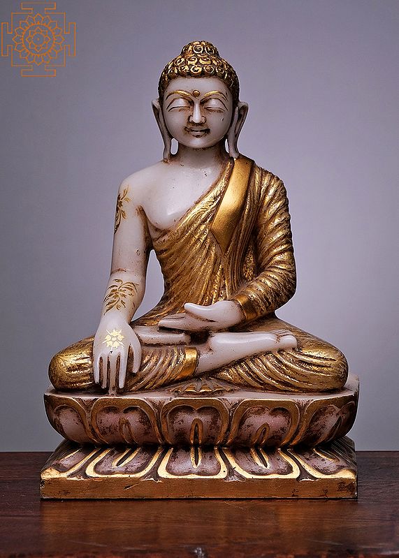 15" Lord Buddha in Bhumi-Sparsha Mudra | Handmade | White Marble Buddha Statue | White and Golden Buddha Statue | Lord Buddha Statue | Seated Meditation Statue