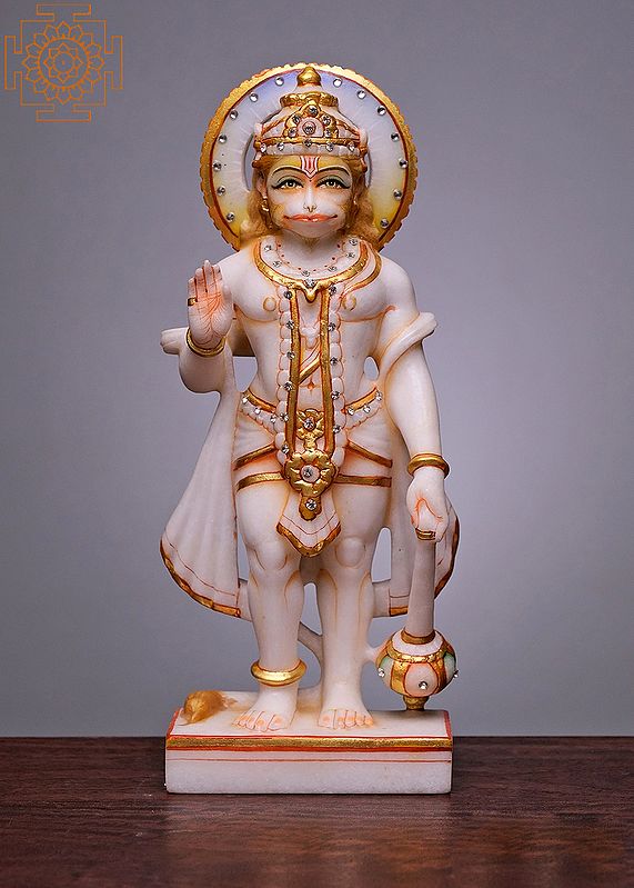 12" Standing Hanuman Statue | Handmade | White Marble Hanuman | Hindu Monkey God of Devotion | Bajrangbali