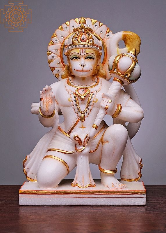 12" Ashirwad Anjaneya (Hanuman Ji) | Handmade | White Marble Hanuman Statue | Hanuman Statue Home Decor | Bajrangbali