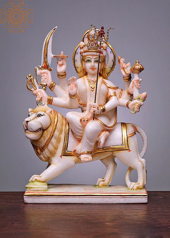 12" Ashtabhuja Goddess Durga | Handmade | Marble Durga Maa Statue | Marble Durga Murti | Goddess Durga Idol Sitting on Lion | Ambe Maa Murti