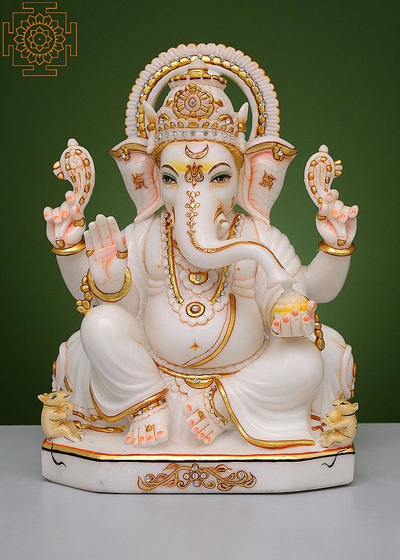12" Sitting Blessing Ganesha | Handmade | White Marble Ganesha | Ganapati | Vinayaka | Elephant God