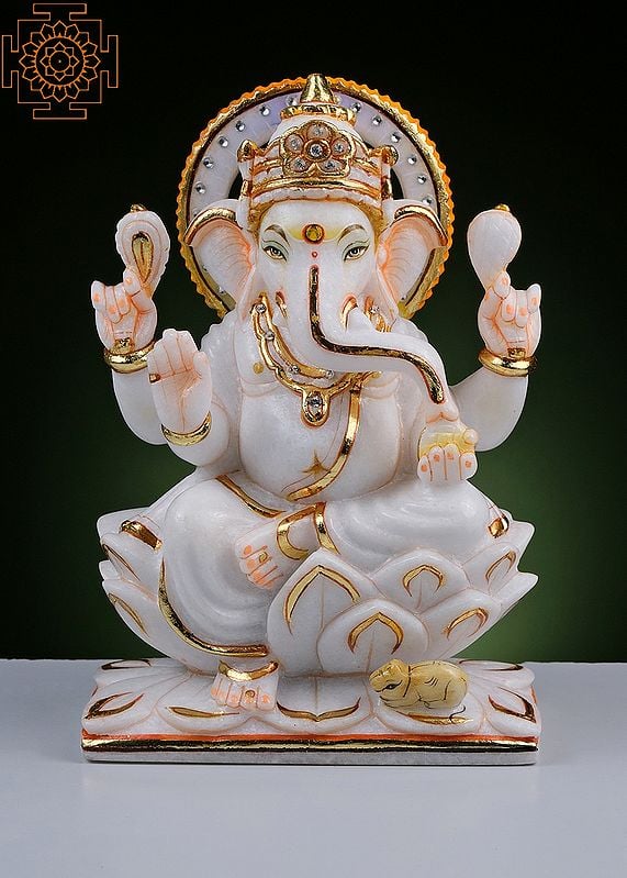 10" Lord Ganesha Seated on Lotus | Handmade | White Marble Ganesh Statue | Ganpati | Ganesh Murti | Vinayak