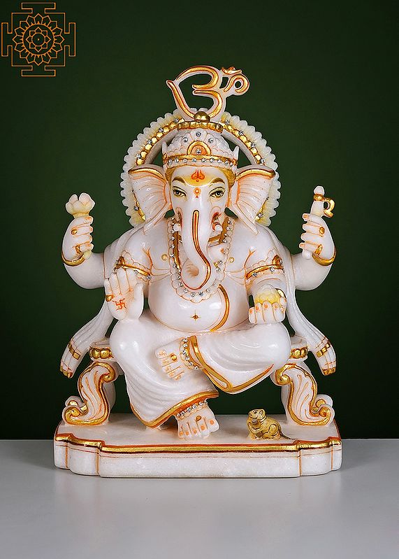 12" Ganesha Sitting on Singhasan | Handmade | Marble Ganesha | Ganpati Idol | Ganpati | Vinayaka Murti
