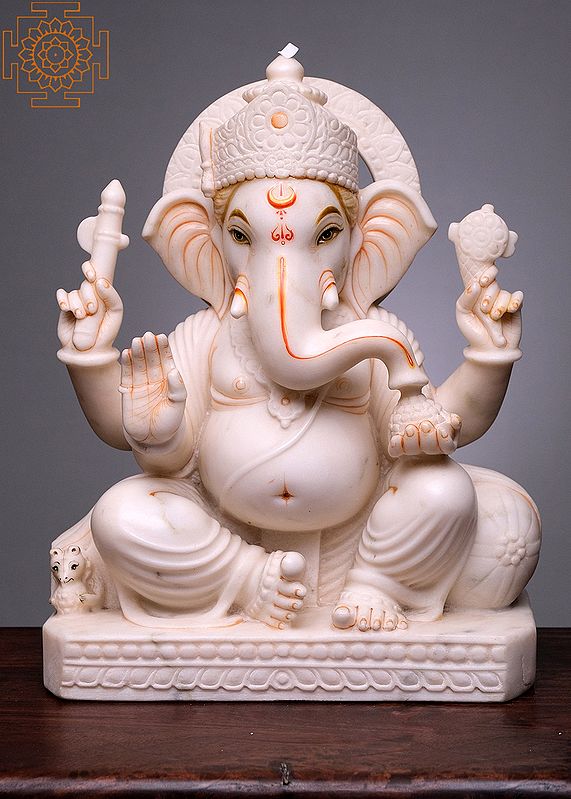 18" Sitting Blessing Ganesha | Handmade | White Marble Ganesha Statue | Ganapati | Vinayaka | Elephant God