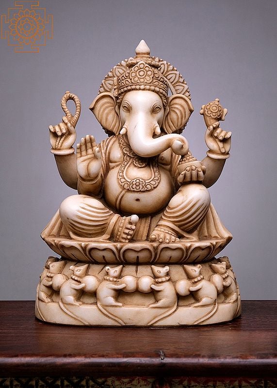 18" Lord Ganesha On Statue | Handmade | White Marble Ganesha Statue | Ganapati | Vinayaka | Elephant God