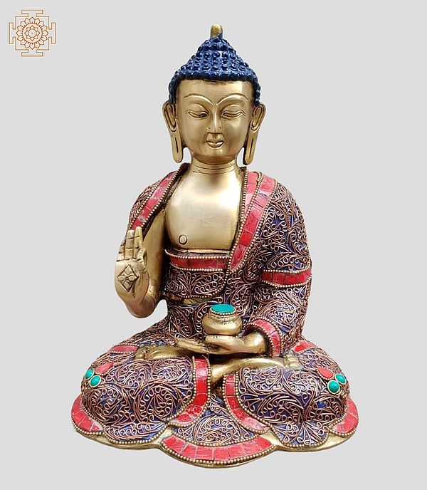 10" Gautam Buddha Preaching His Dharma | Inlay Work | Brass Statue | Handmade | Made In India