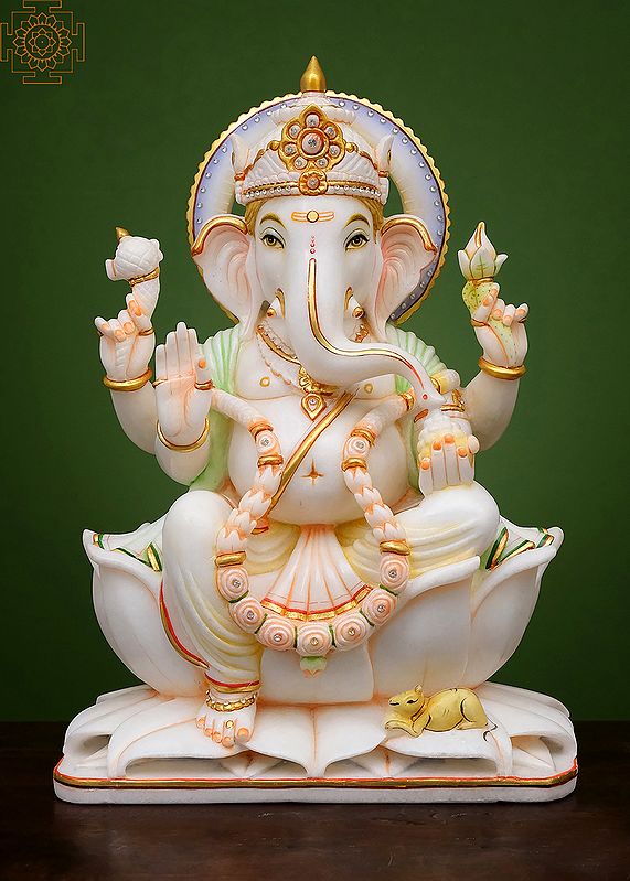 18" Sitting Lord Ganesha | Handmade | White Marble Ganesha | Ganapati | Vinayaka | Elephant God | Gajraj
