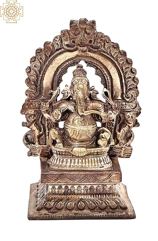 2.8" Small Bhagawan Ganesha with Kirtimukha Prabhavali | Handmade | Madhuchista Vidhana (Lost-Wax) | Panchaloha Bronze from Swamimalai