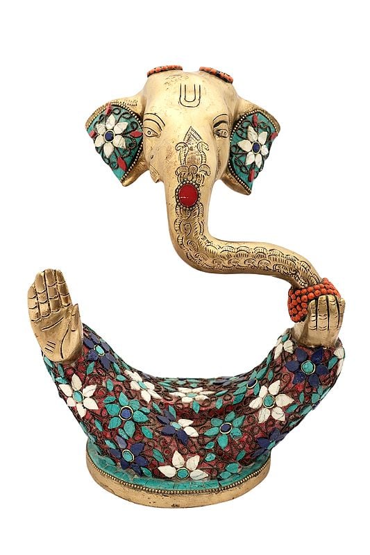 10" Stylized Ganesha Statue | Handmade | Brass Abstract Ganesha Statue | Modern Art Ganesha With Stone Inlay Work | Made in India