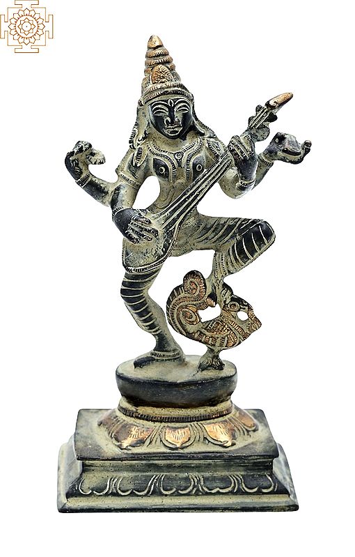 6.5" Devi Saraswati Idol Playing Veena Dancing on Swan | Handmade | Home Decor