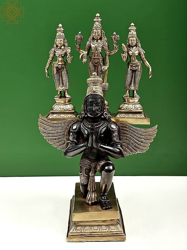 16" Garuda Kneeling with Vishnu Shridevi & Bhudevi | Handcrafted In India